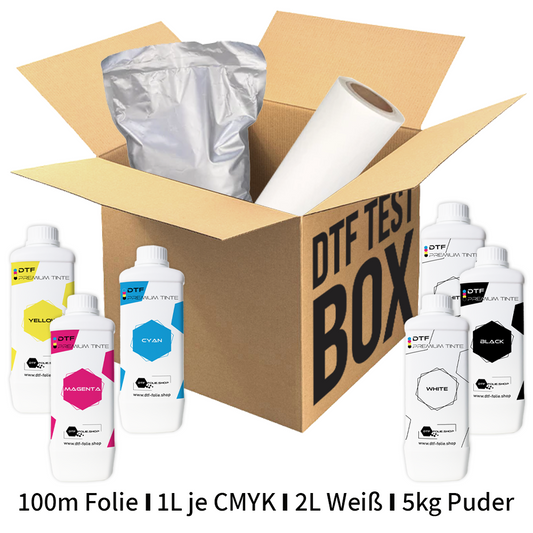 DTF TEST-BOX -50% RABATT SONDERPREIS (6 Liter Tinte CMYK+WW | 100m Folie | 5KG Transferpuder)