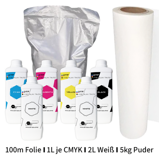 DTF TEST-BOX -50% RABATT SONDERPREIS (6 Liter Tinte CMYK+WW | 100m Folie | 5KG Transferpuder)